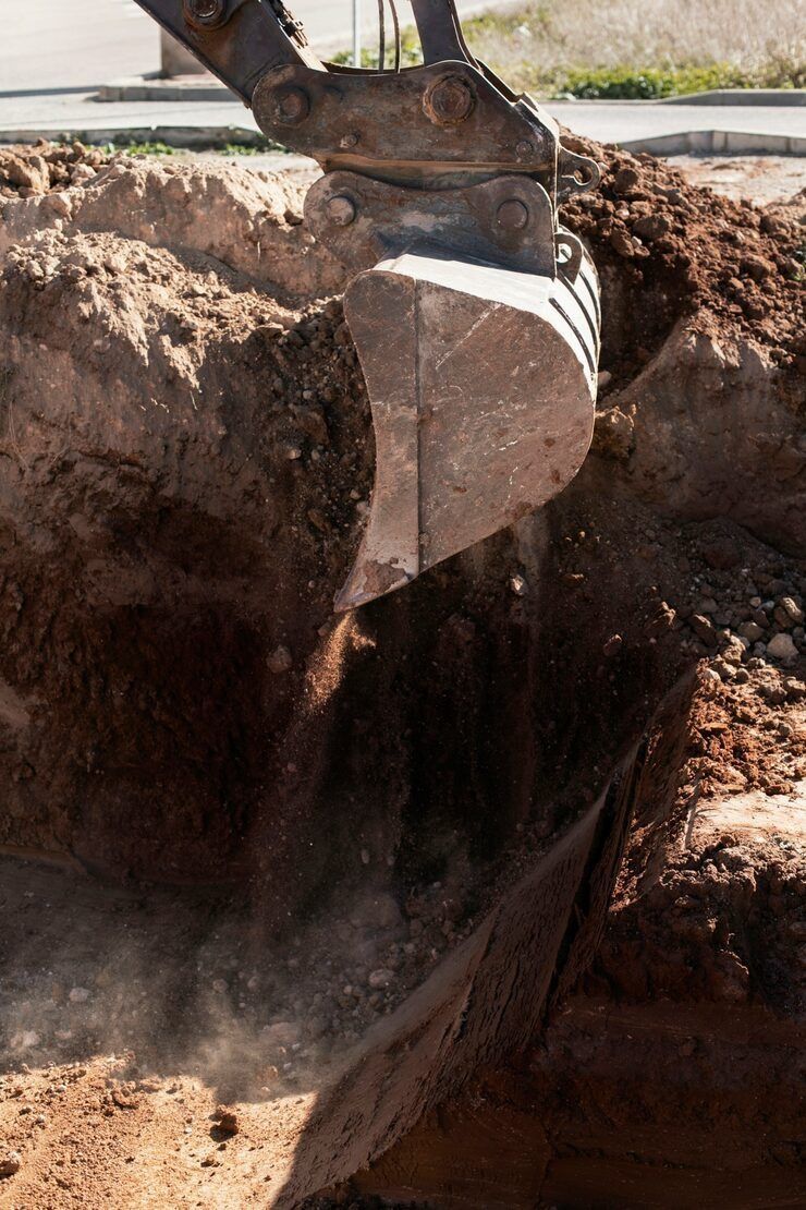 An excavator bucket digging into brown earth, creating a trench in an outdoor setting.