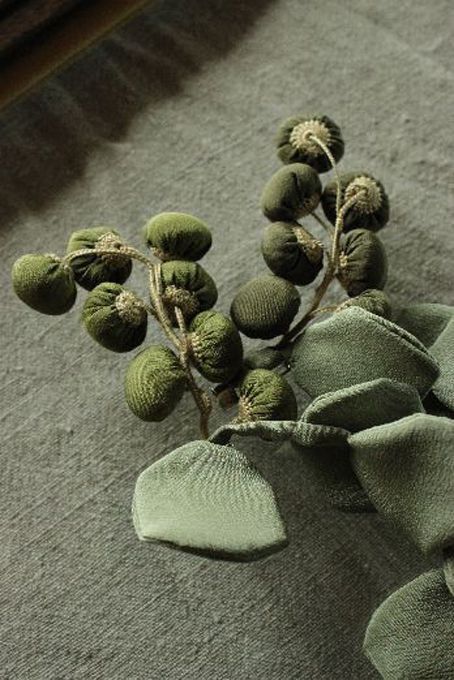 Um close de uma planta com folhas e frutos sobre uma mesa.