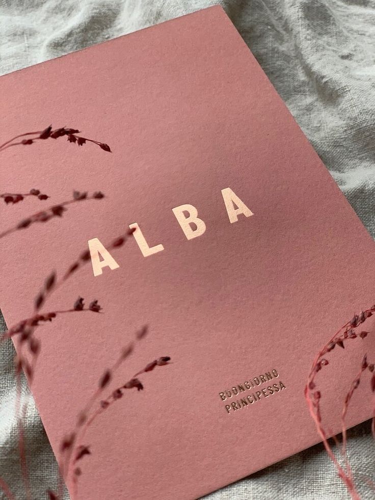 Um livro rosa com a palavra alba está sobre uma cama.