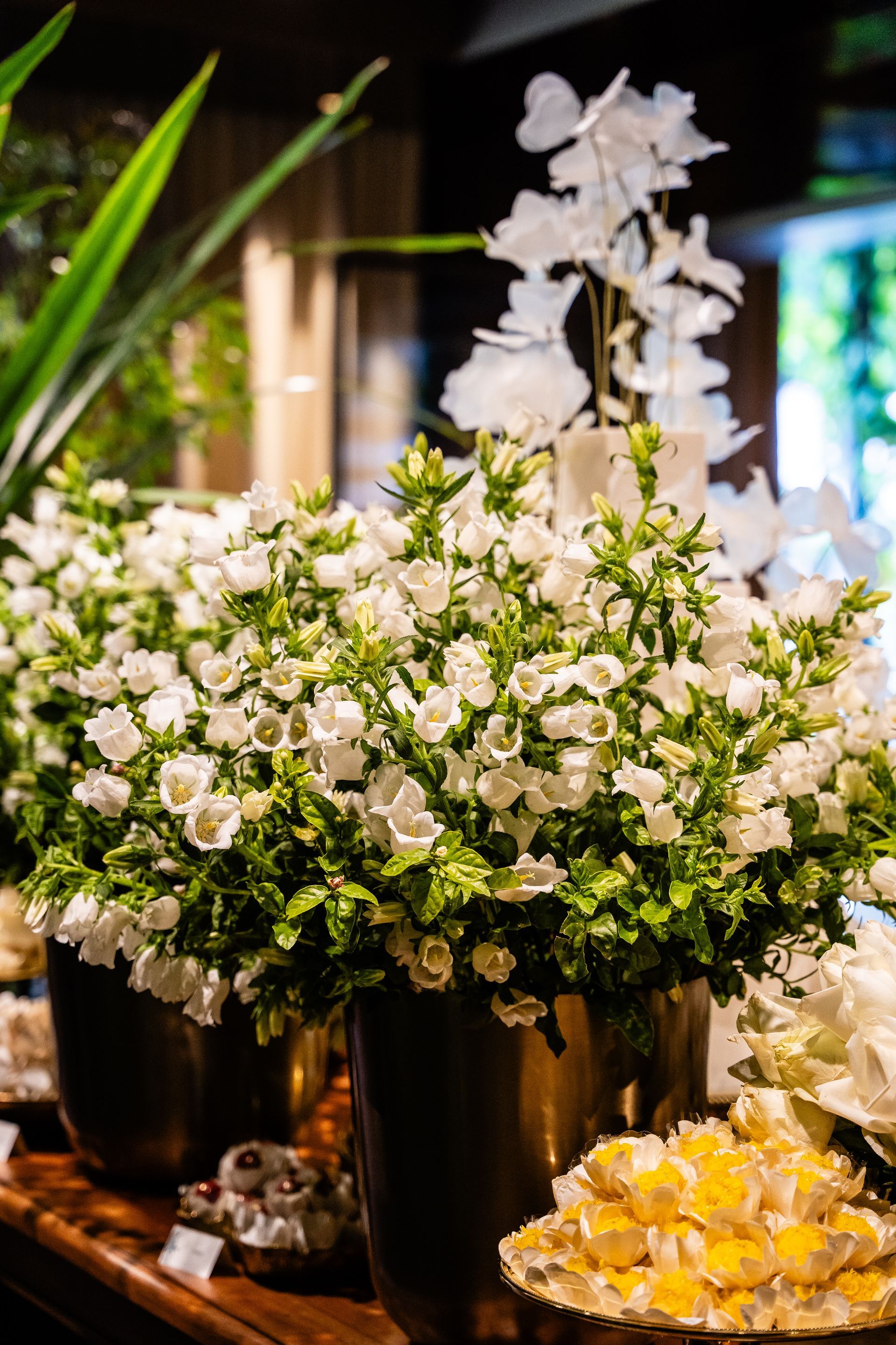 Um buquê de flores brancas em vasos sobre uma mesa.