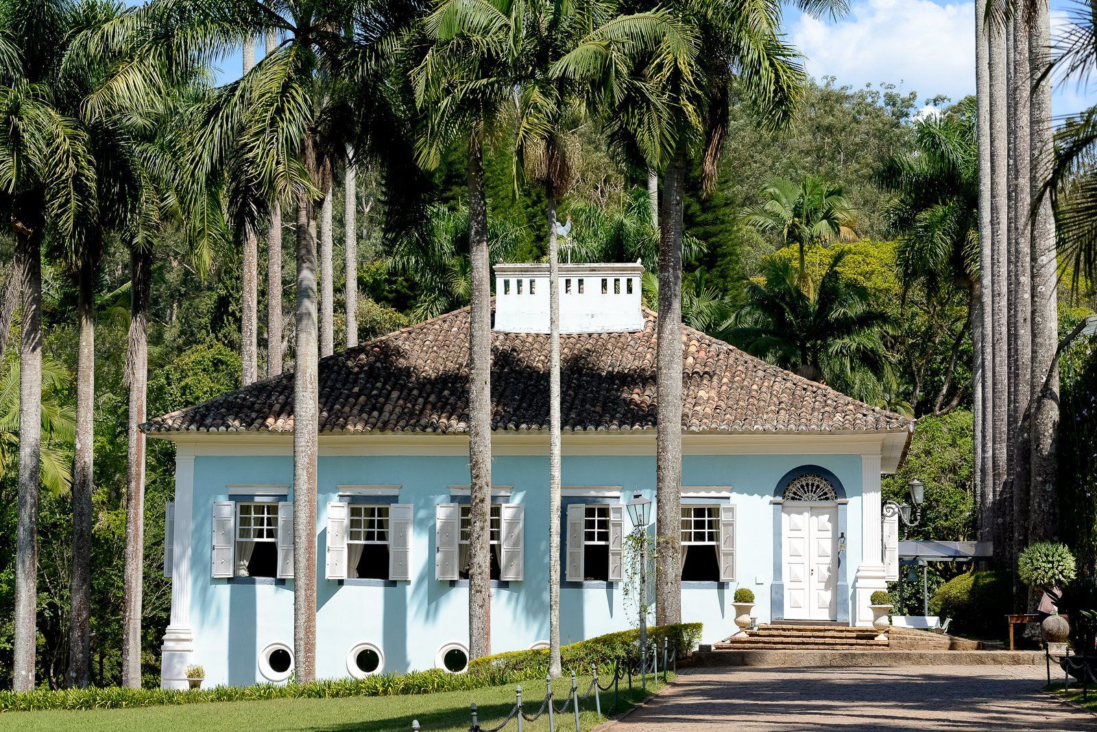 Uma casa azul com palmeiras na frente