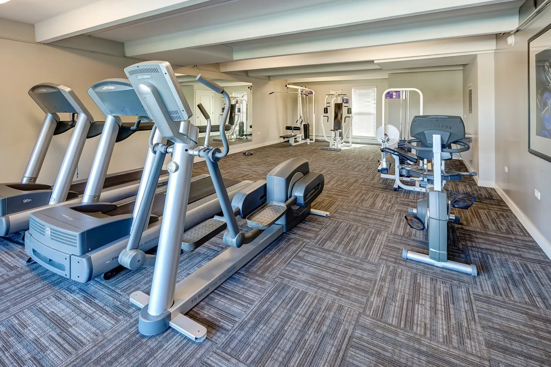 Empty gym room with treadmills and exercise machines on carpeted flooring