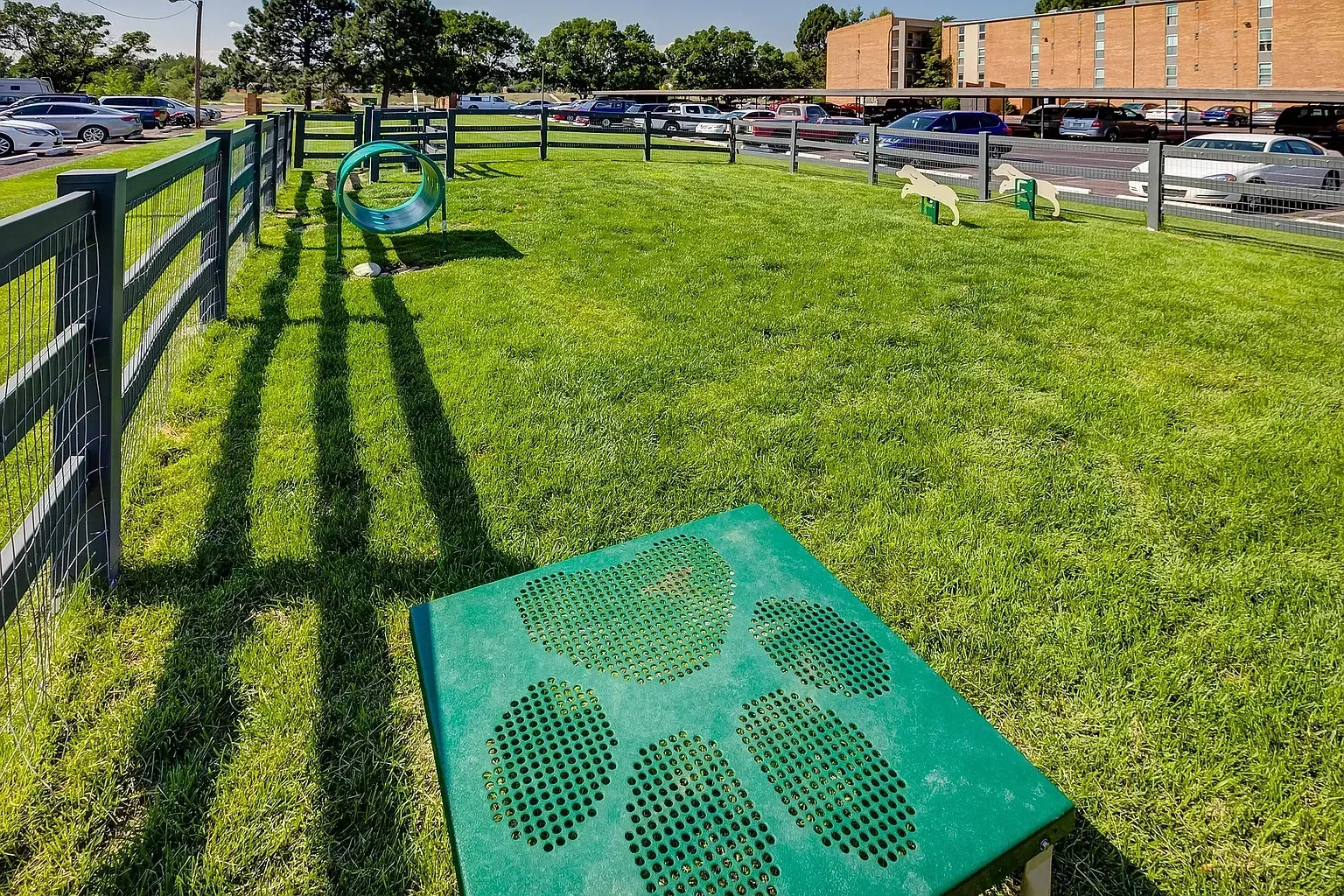 Green lawn with pet waste stations beside a black fence and parked cars in the background