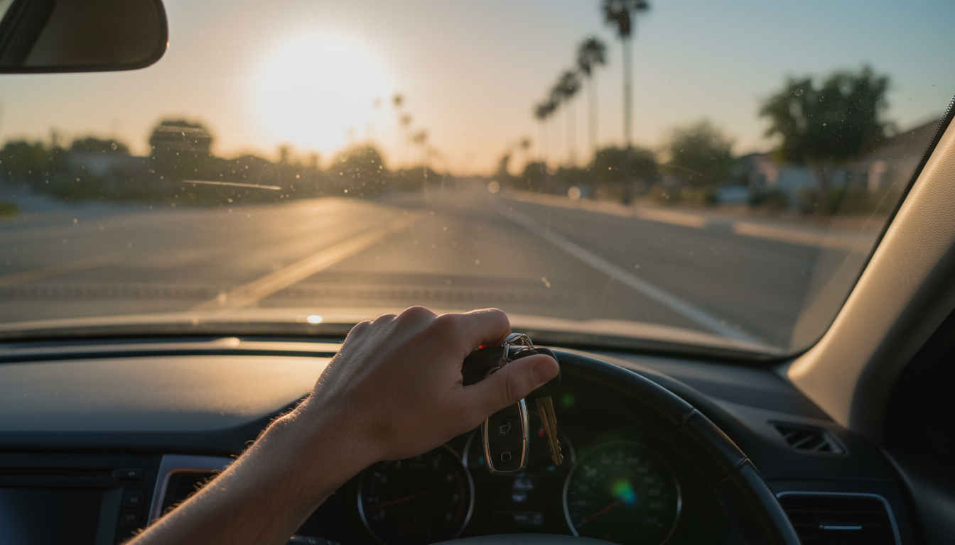 Hand on steering wheel, driving into a bright sunset on a tree-lined road.
