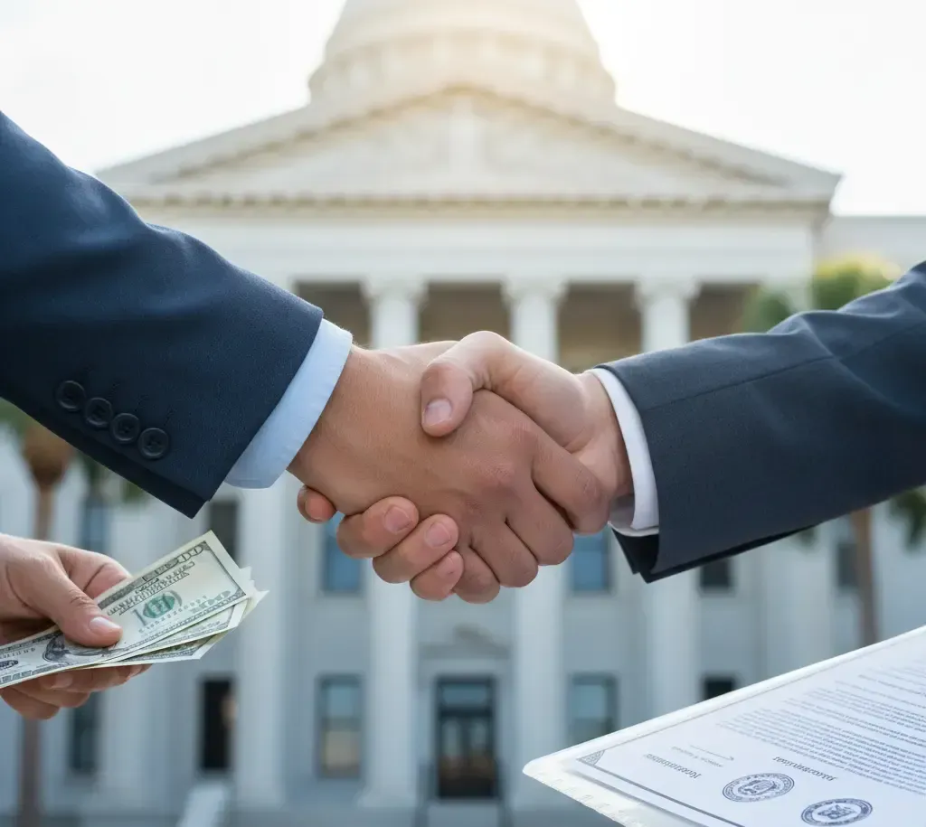 Two people in suits shake hands as money is passed, a government building in the background.