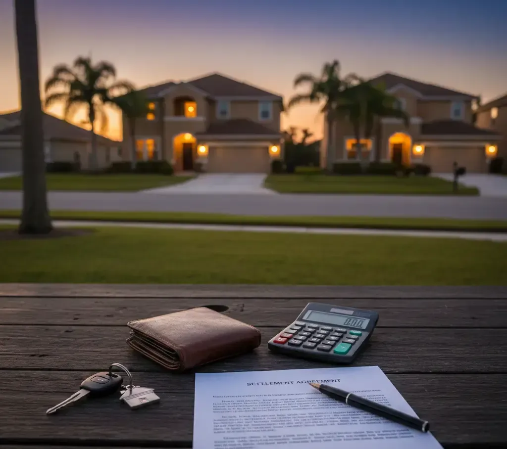 Wallet, calculator, keys, and document on a table, with houses in the background at sunset.