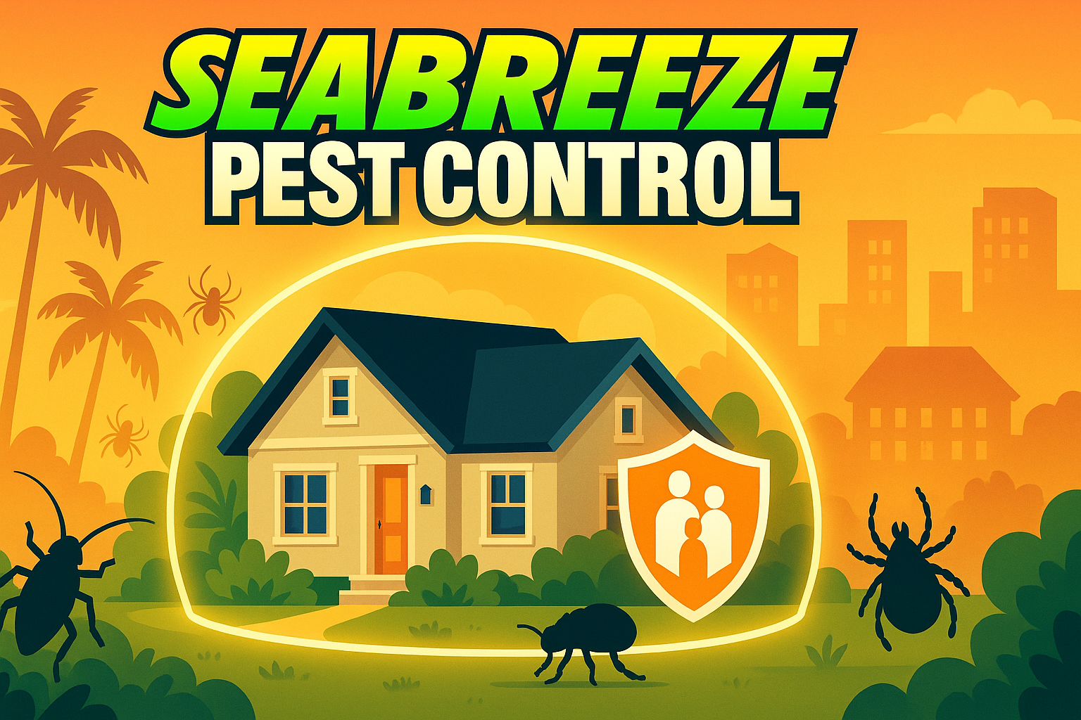 Seabreeze Pest Control advertisement: a house protected from bugs by a shield.