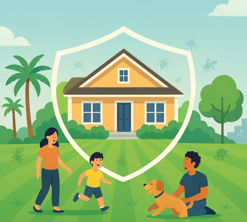 Family outside their home, protected by a shield. Bugs fly around, green yard, and sunny day.