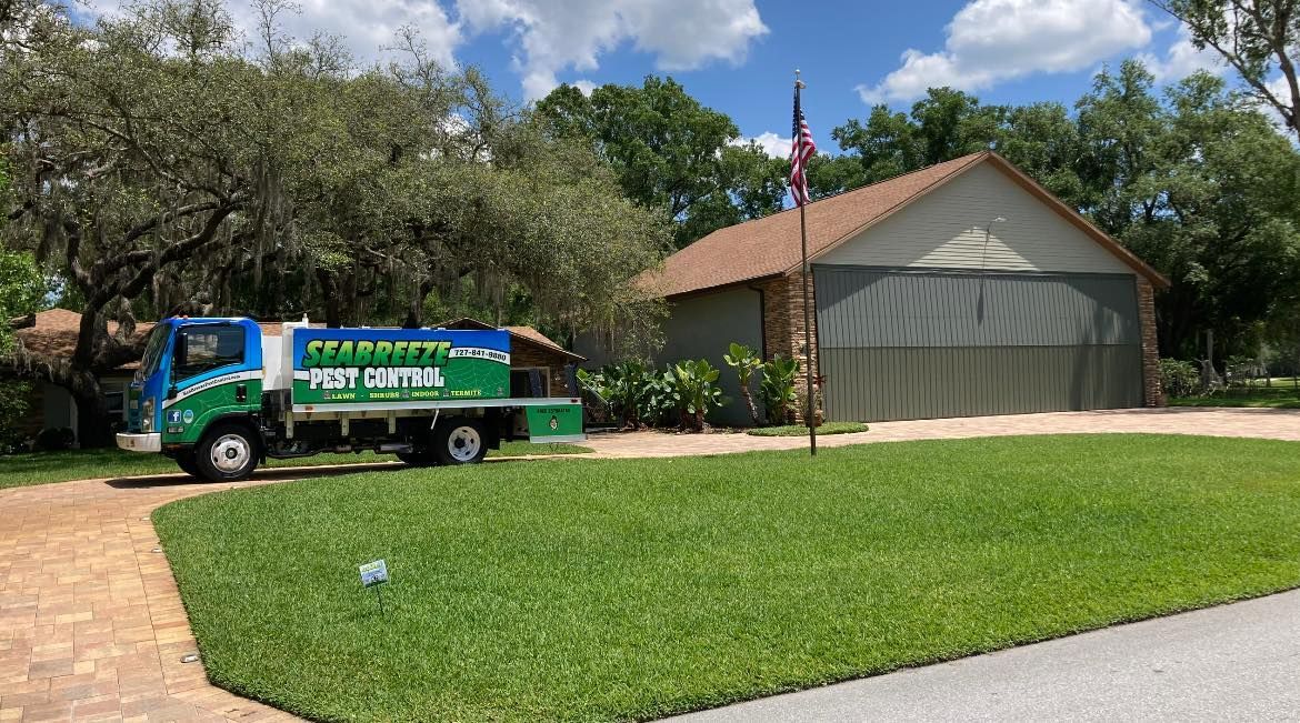 A green and blue truck is parked in front of a house.