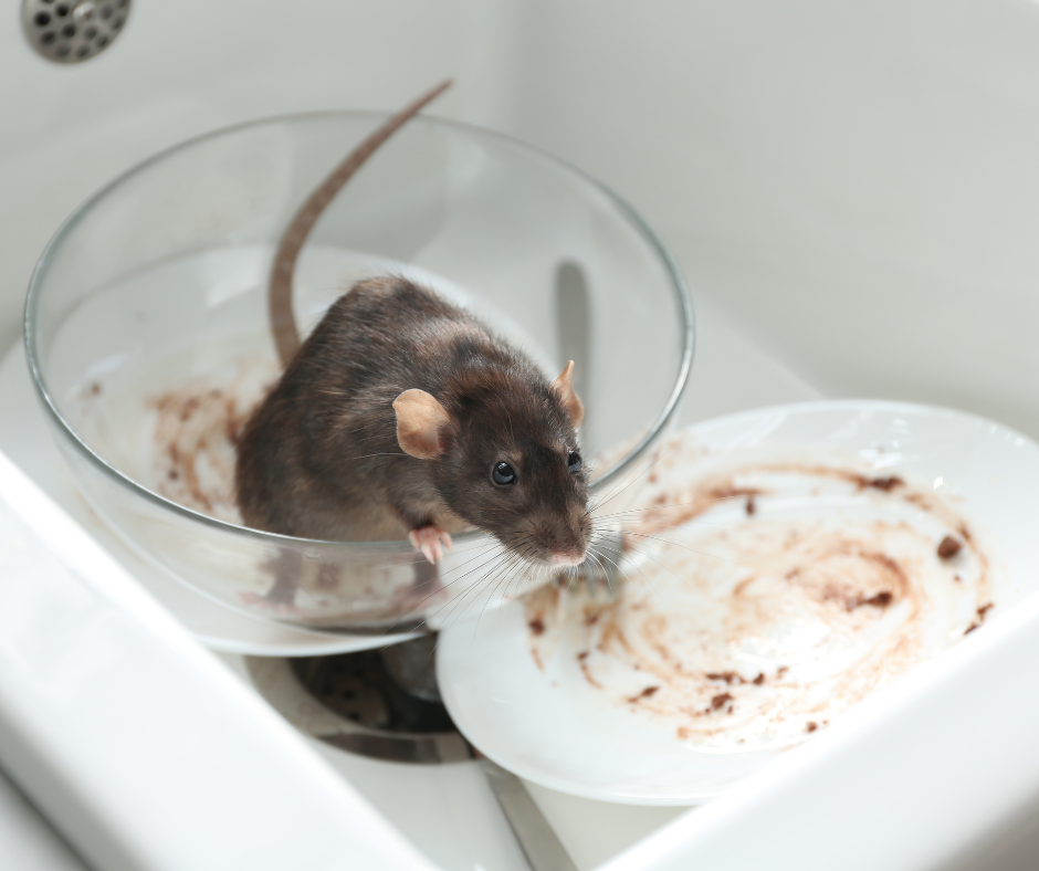 A rat is sitting in a glass bowl next to a plate