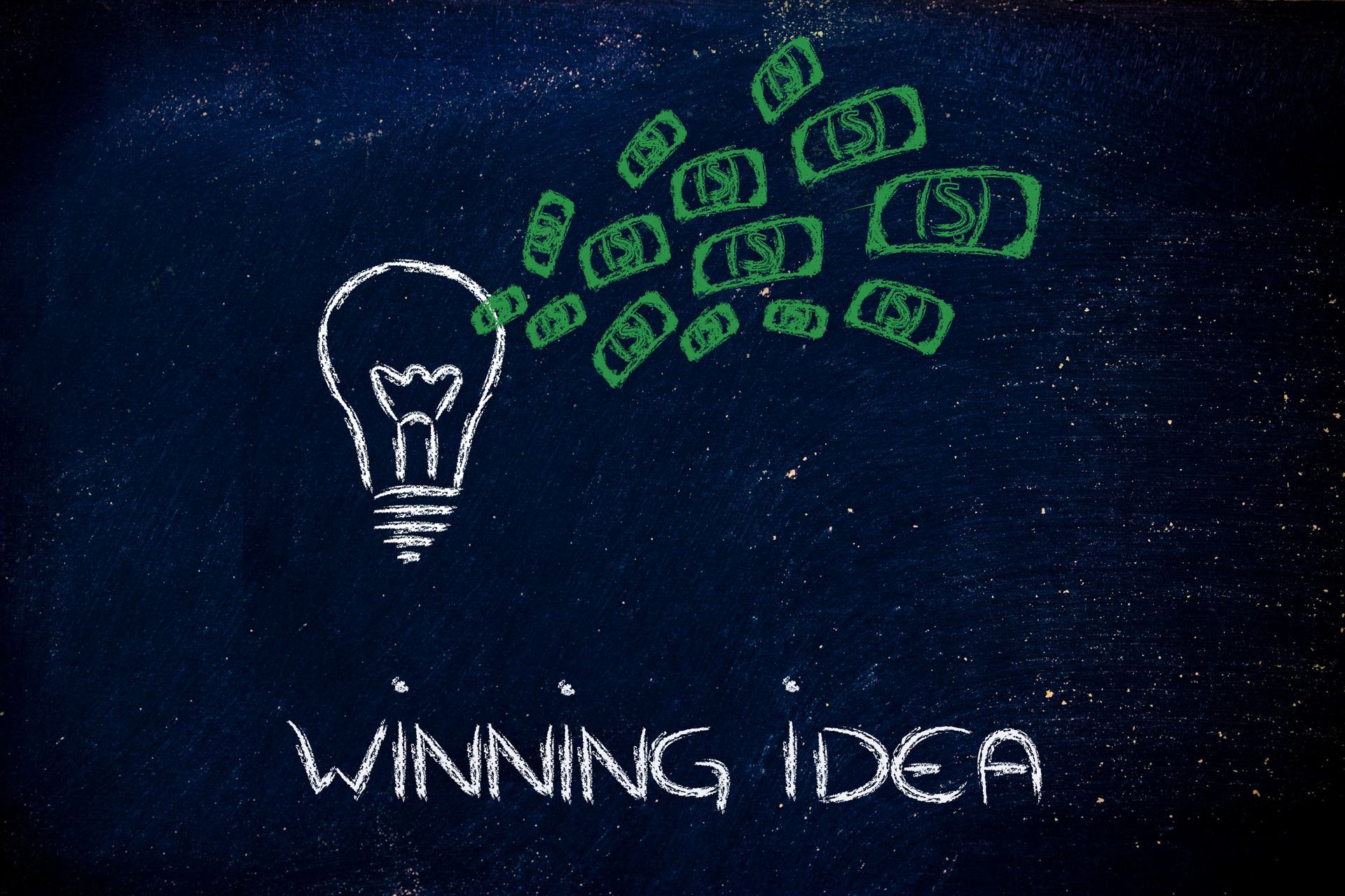 A light bulb with money coming out of it and the words winning idea below it