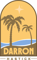 A logo for darron has two palm trees and a star in the background.