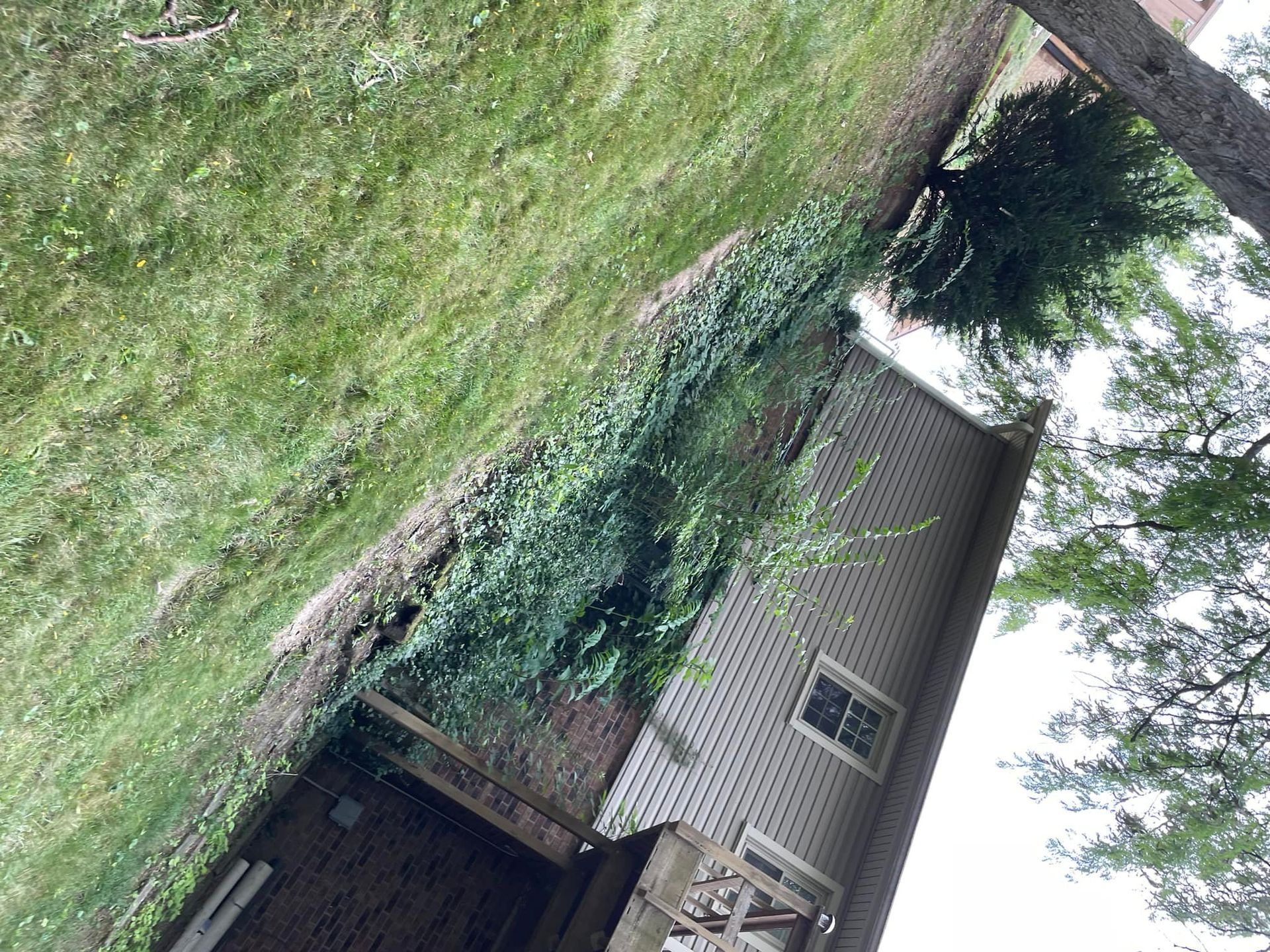 A house is sitting on top of a lush green field.