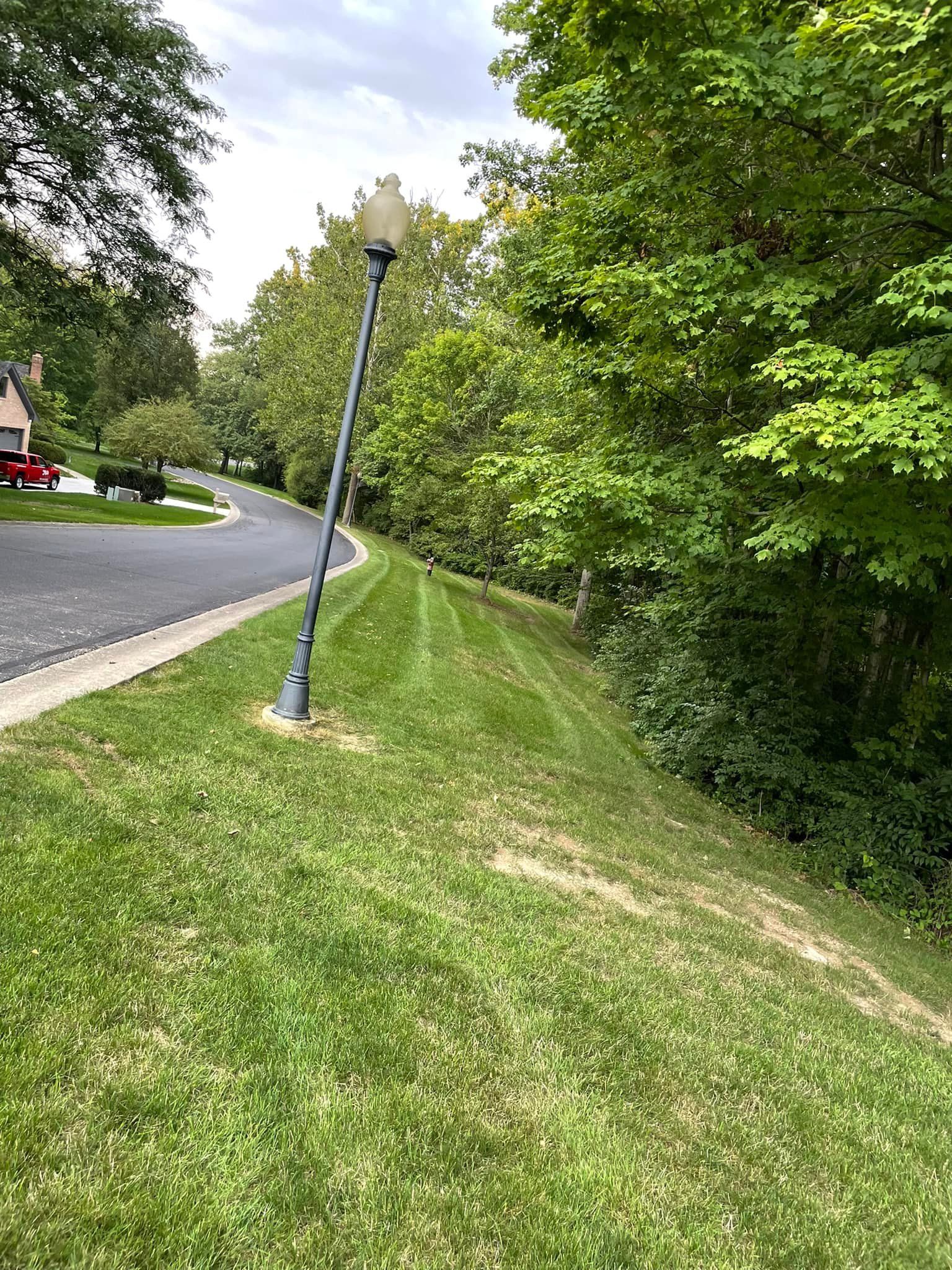 A street light is sitting in the middle of a lush green lawn next to a road.