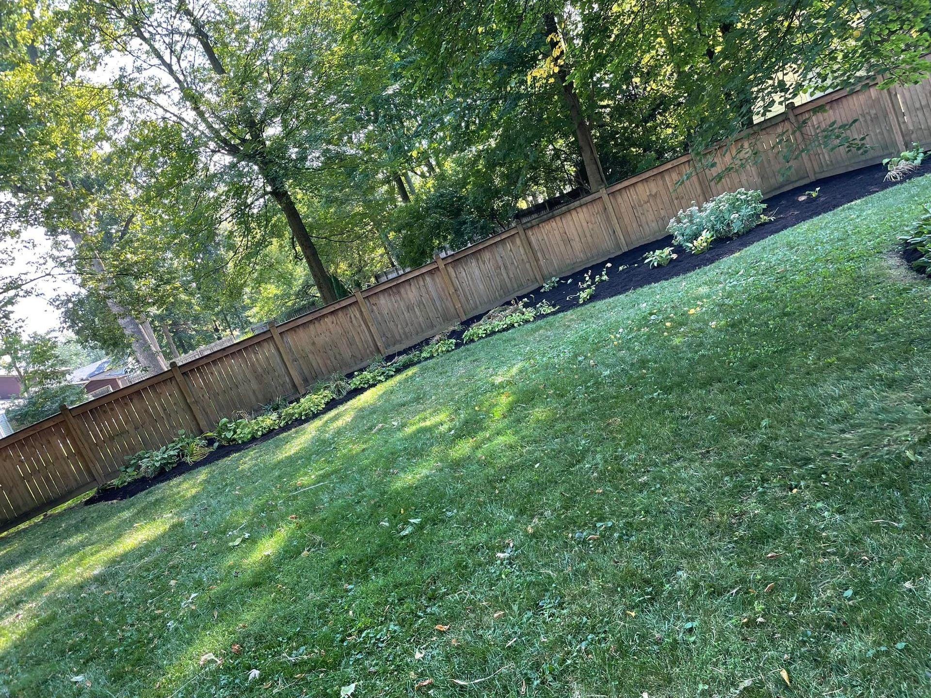 A wooden fence surrounds a lush green lawn.