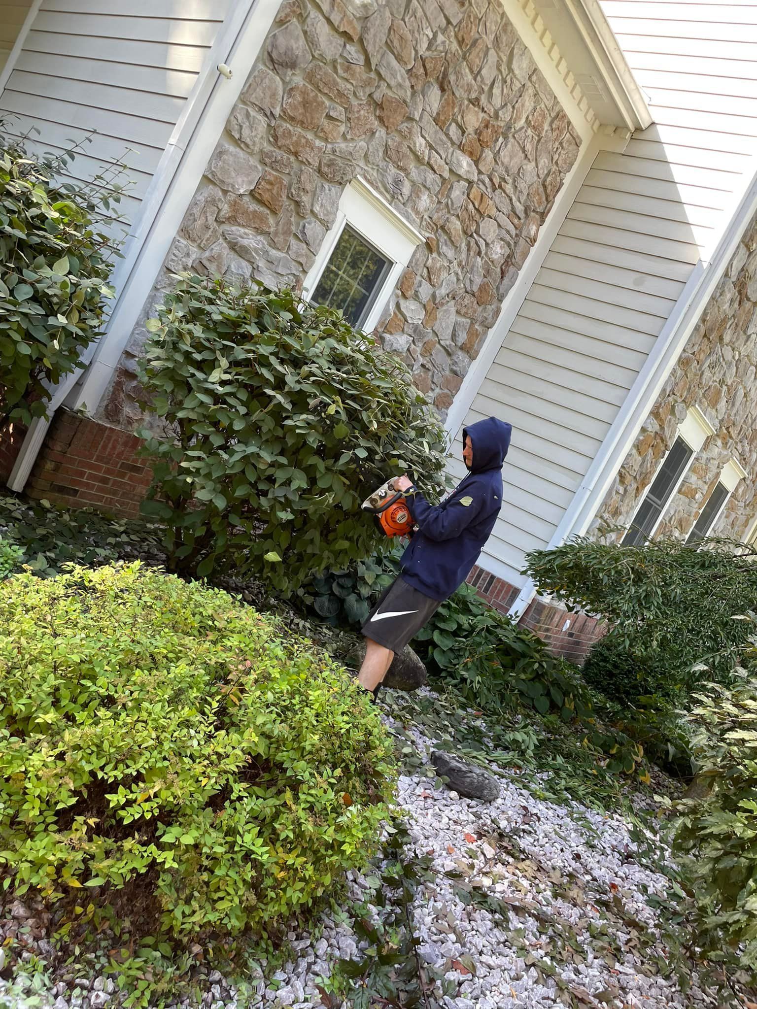 A man is cutting a bush in front of a house with a lawn mower.