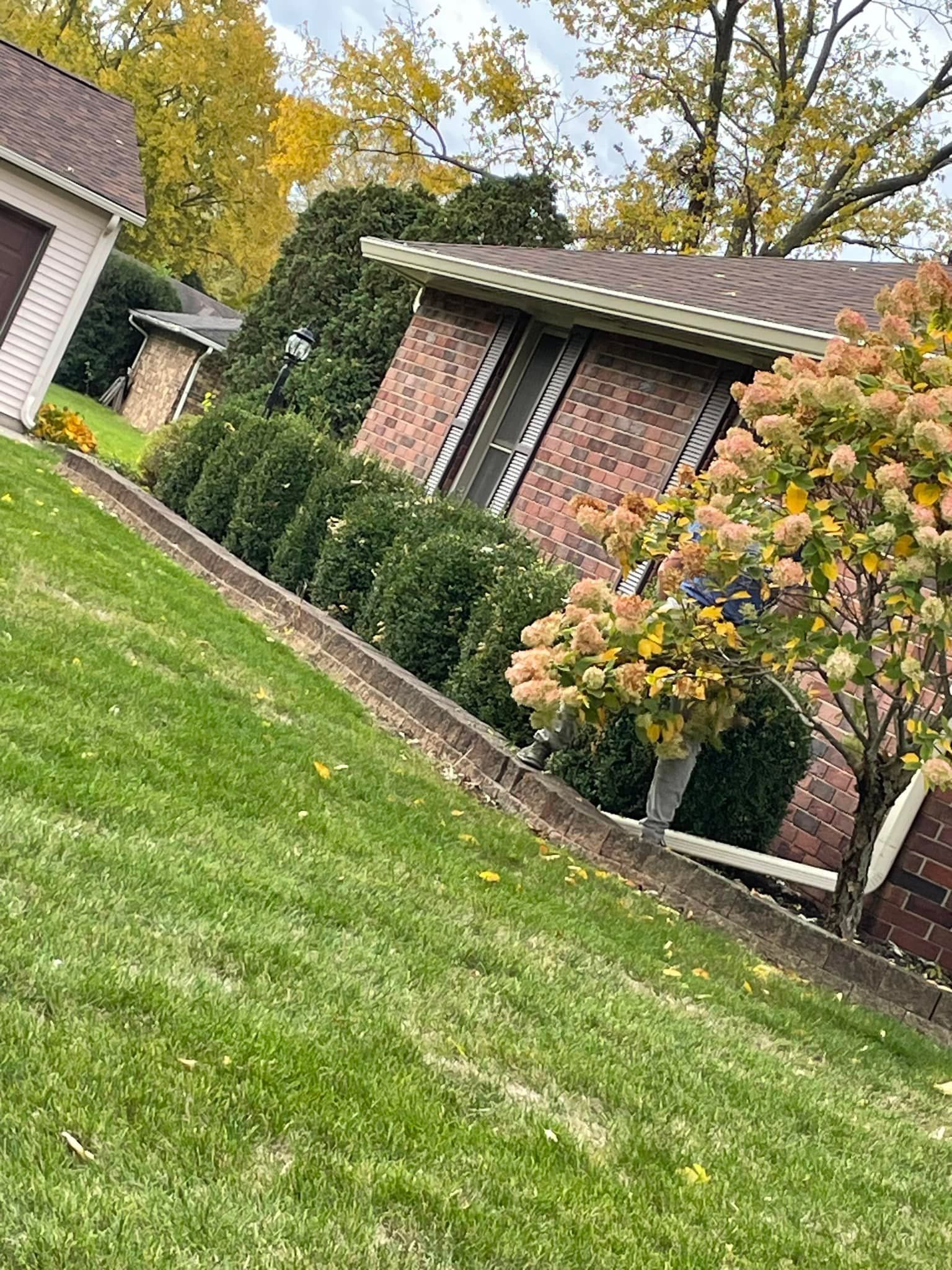 A brick house with a lush green lawn and bushes in front of it.