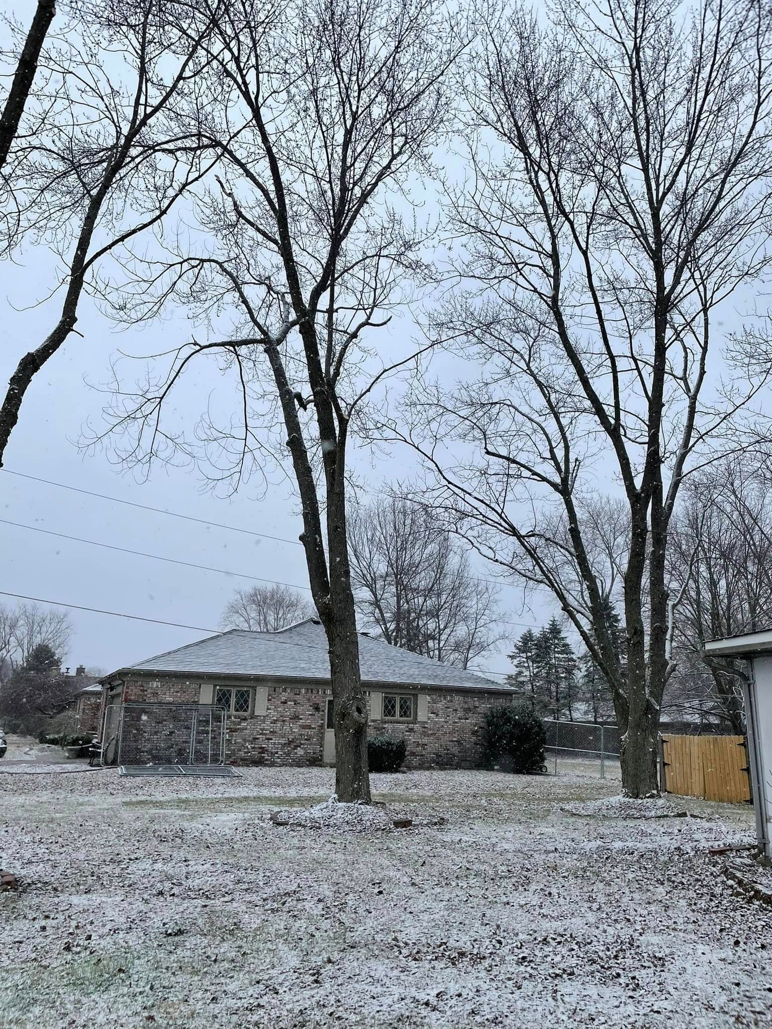 A house with a lot of snow on the ground and trees in front of it.