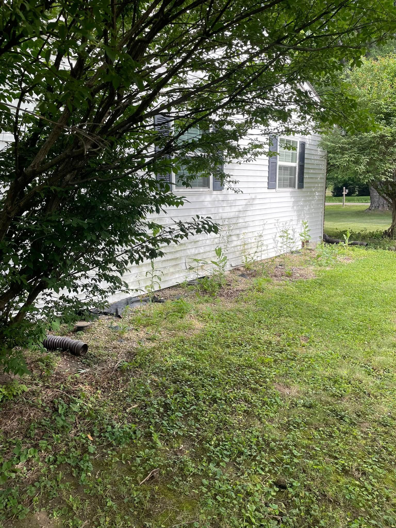 A white house is sitting in the middle of a lush green field.