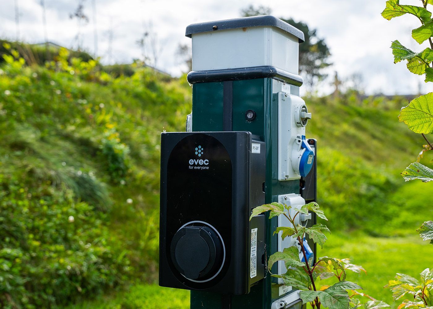 A black device is sitting on top of a green pole.