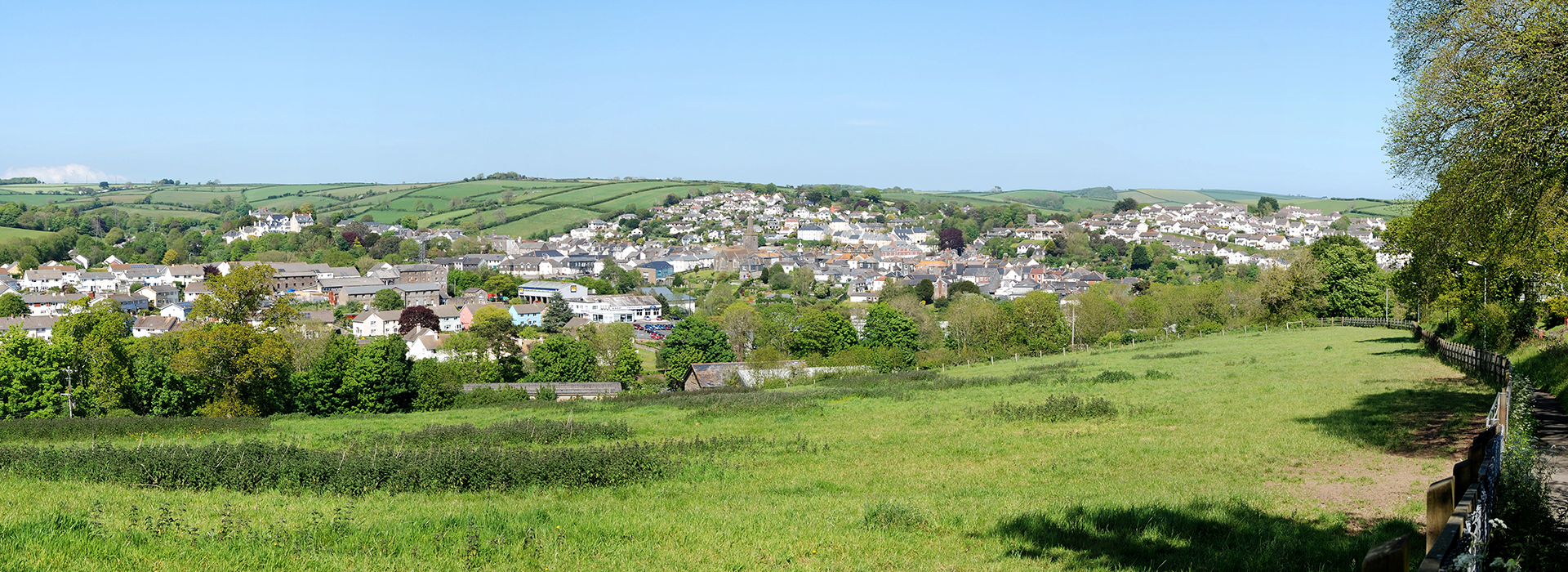 A lush green field with a small town in the background