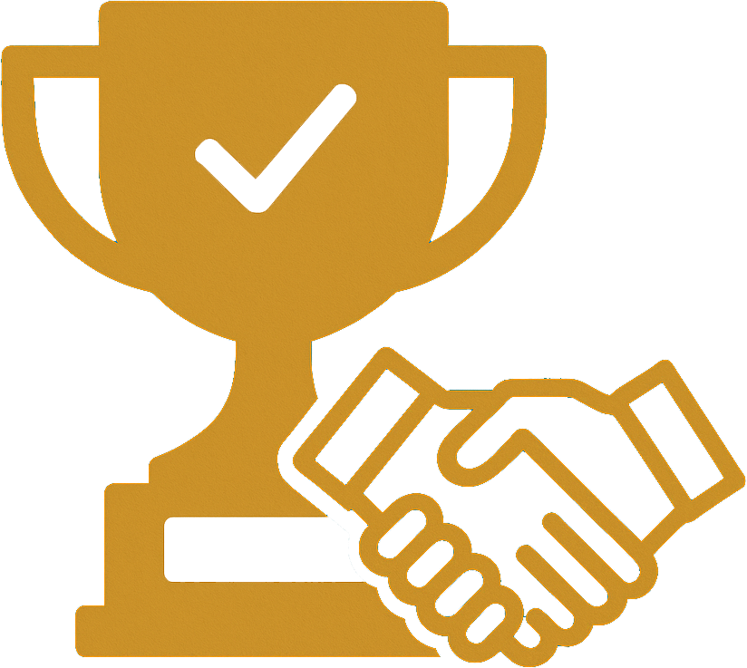 Trophy with checkmark and handshake, symbolizing success and agreement in gold.