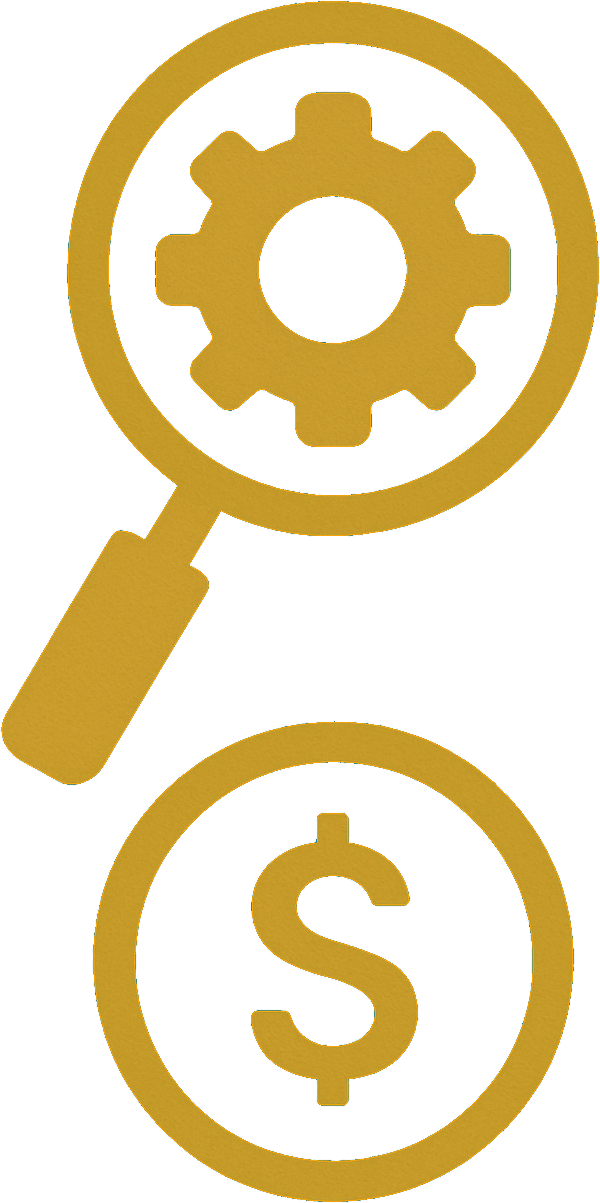 Magnifying glass over gear, coin with dollar sign. Financial analysis.