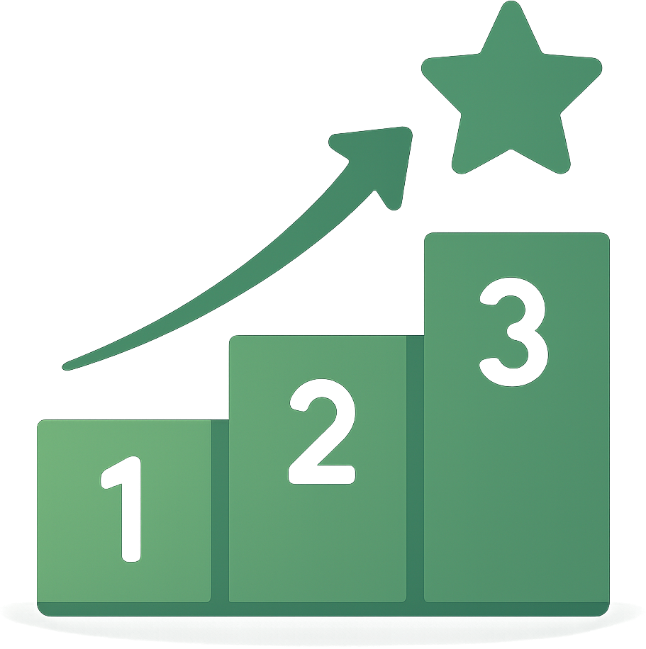 Green ranking graphic with ascending bars, numbers 1-3, upward arrow, and star.