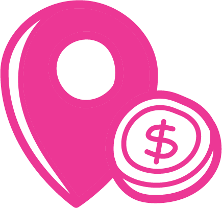 A pink map pin with a dollar sign next to it.