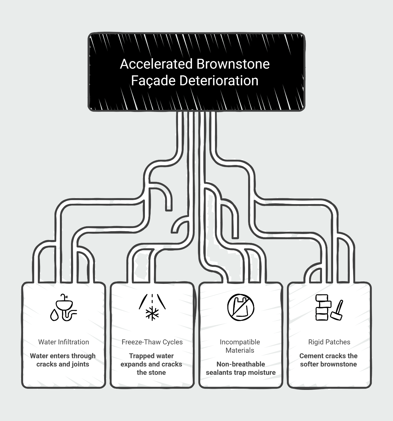 Diagram showing four causes of accelerated brownstone facade deterioration: water infiltration, freeze-thaw cycles, incompatible materials, and rigid patches.