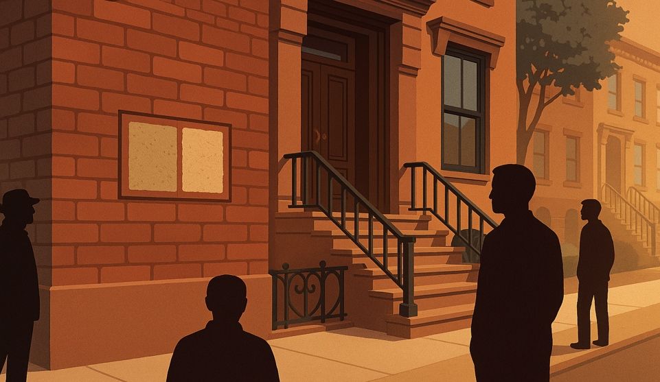 Illustration of a brownstone on-wall test panel with two mortar samples viewed from three distances 