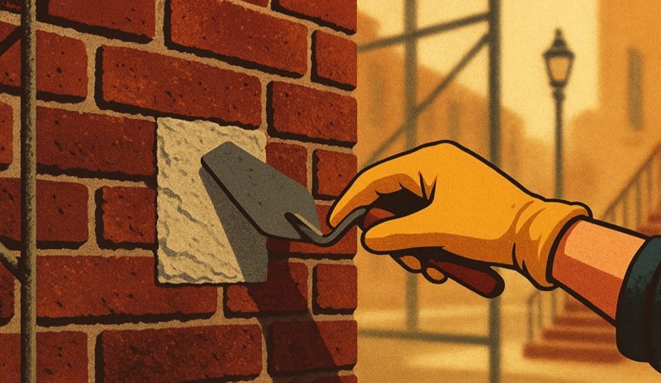 Mason’s gloved hand applying a lime mortar test panel on a historic brick façade.