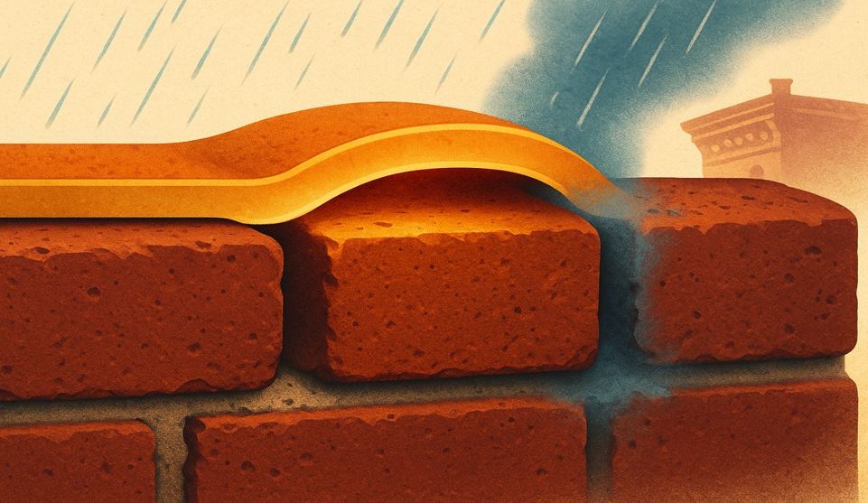 Stylized cross-section of historic bricks with a glowing mortar ribbon stopping moisture, while miss