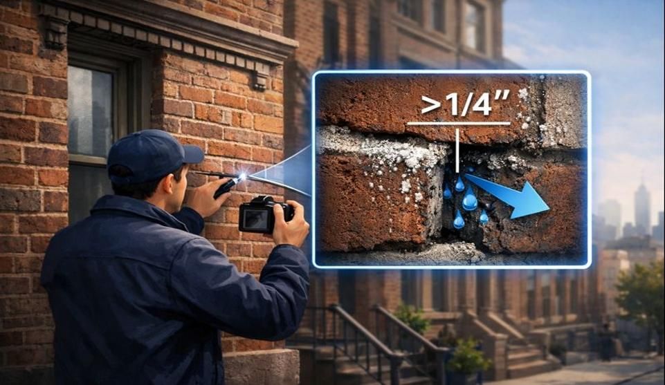 Inspector photographing a recessed mortar joint; inset shows >1/4″ depth, efflorescence, and water s