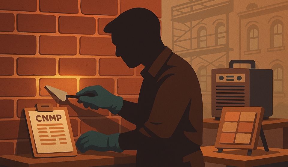 Stylized illustration of a mason carefully repointing a brick joint with a CNMP clipboard and HEPA u