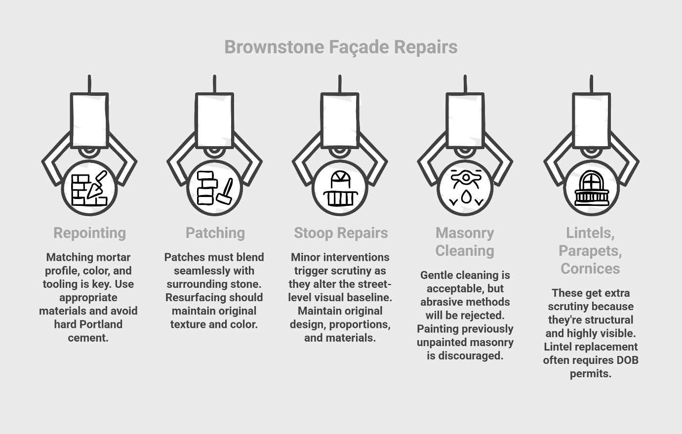 Five types of brownstone facade repairs illustrated: repointing with matching mortar, patching that blends seamlessly, stoop repairs maintaining original design, masonry cleaning using gentle methods, and lintel/parapet/cornice work requiring extra scrutiny.