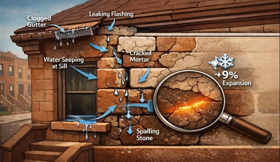 Cutaway of brownstone façade showing water entering via clogged gutter, leaking flashing, cracked.