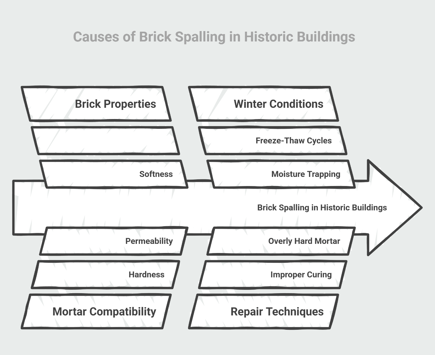 Arrow infographic showing brick properties, winter conditions, mortar, and repair issues causing brick spalling in historic buildings.