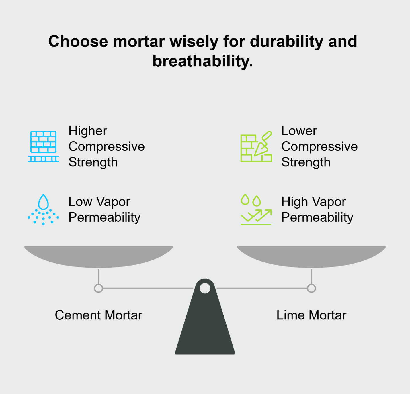 Chart comparing compressive strength (750–1800 psi vs. 50–400 psi) and vapor permeability (below 5 perms vs. 15–40 perms) between Portland cement and lime mortar, illustrating why lime mortar protects historic brick.