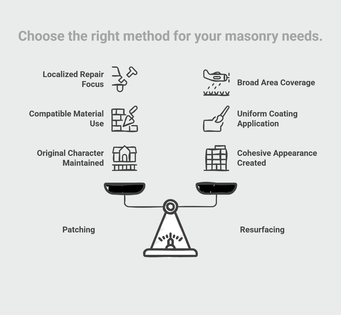 Masonry repair methods comparison: patching versus resurfacing with key differences illustrated