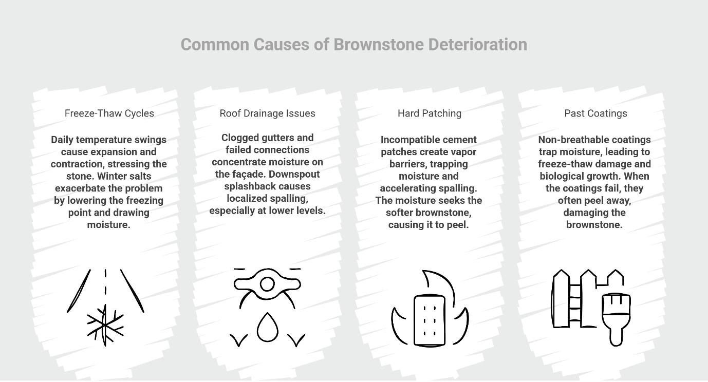 Common causes of brownstone deterioration including freeze-thaw cycles, drainage issues, patching, and coatings