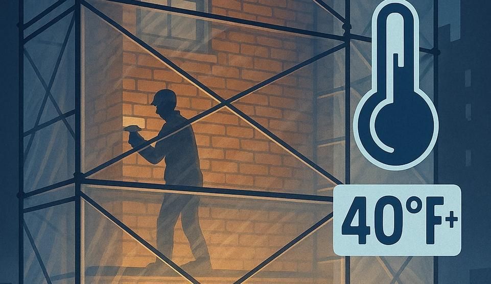 Illustration of a construction worker inside a heated, shrink-wrapped enclosure repairing brick join