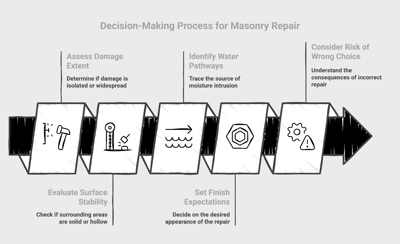 Masonry repair decision-making process flowchart with five assessment steps