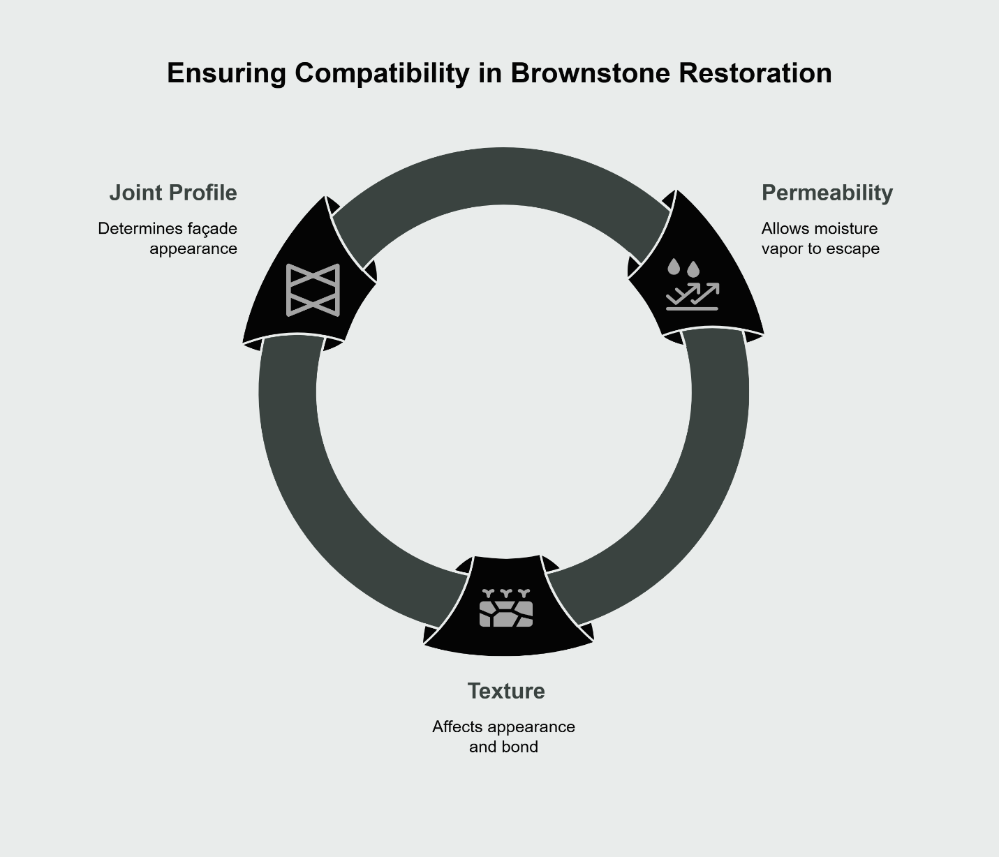 Concept map showing three interlocking nodes: Permeability (lets moisture escape), Texture (affects bond and appearance), Joint Profile (affects street read).