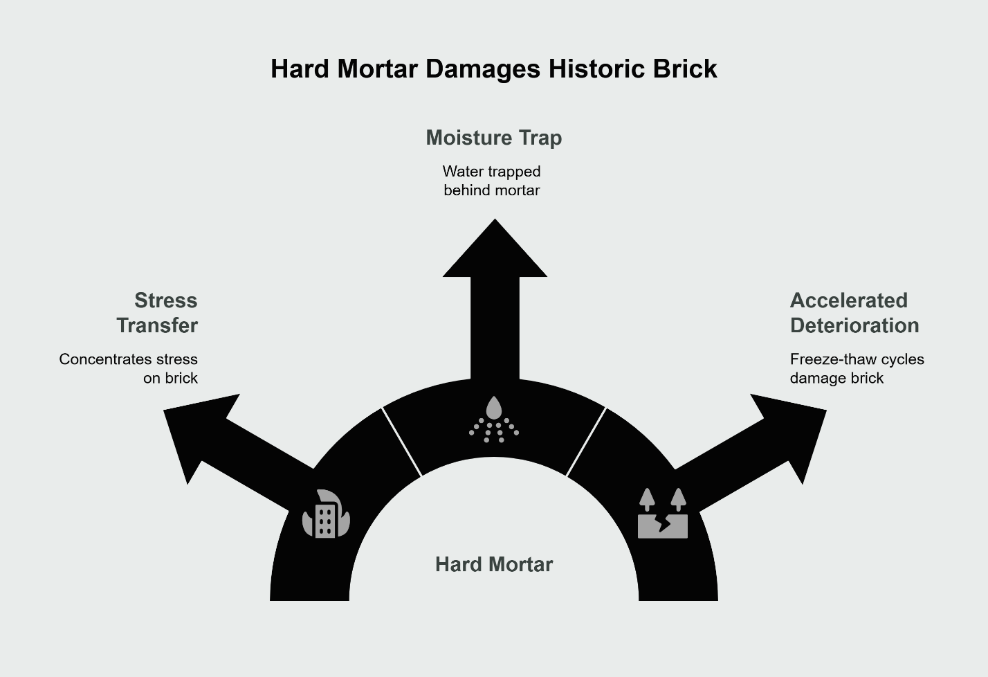 Infographic illustrating how hard mortar damage historic bricks.