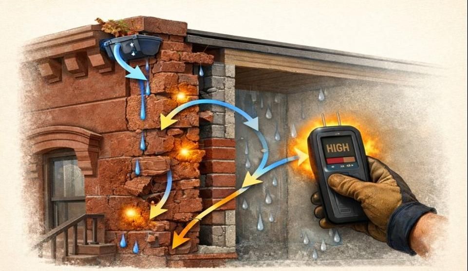 Brownstone cross-section showing water paths from clogged gutter to spall hotspots; moisture meter