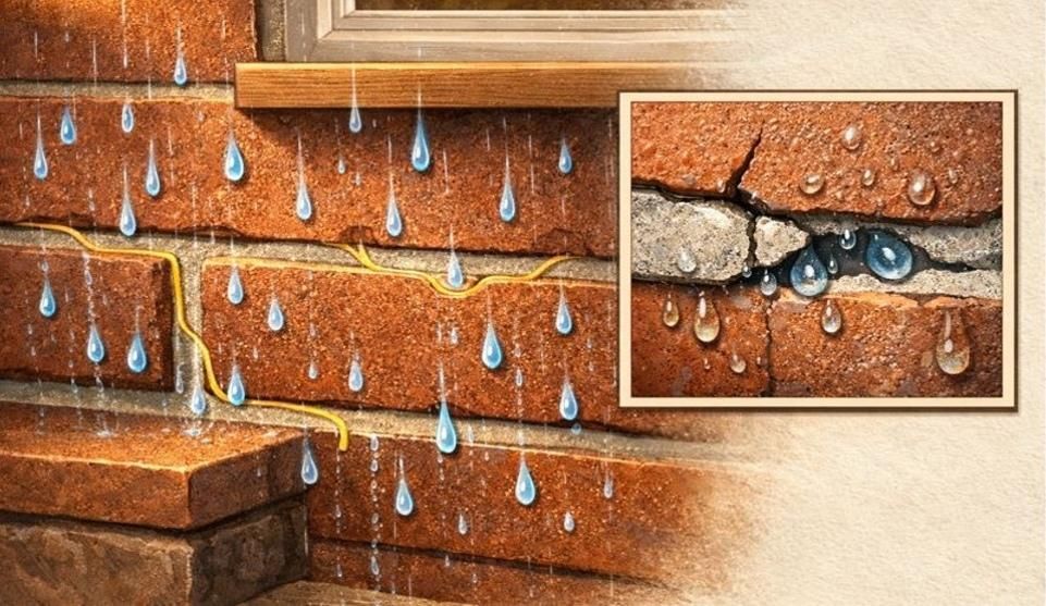 Stylized illustration of mortar acting as a raincoat, channeling water away from a brownstone façade
