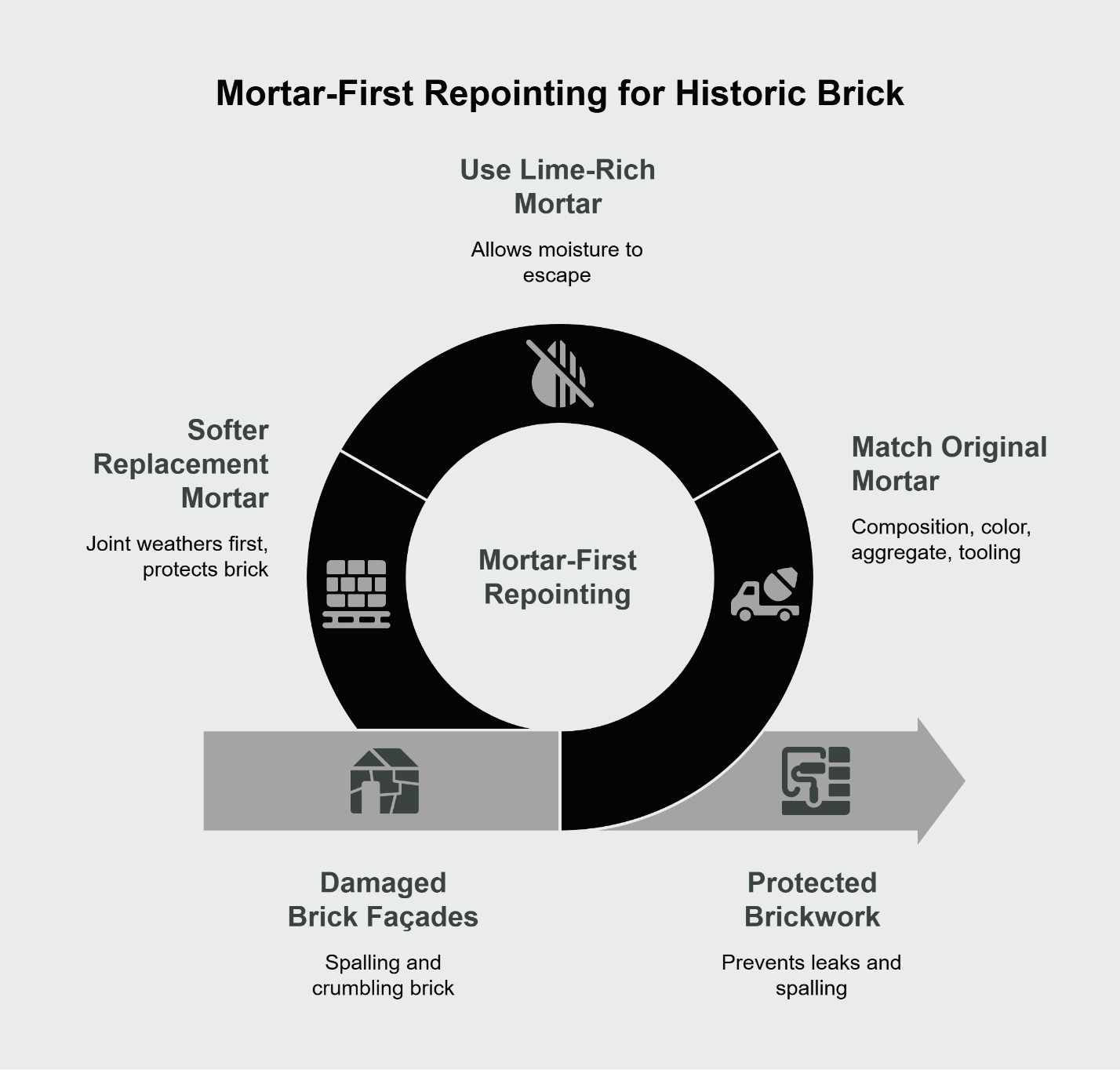 Infographic illustrating why lime-rich mortar is softer and more permeable than historic brick.