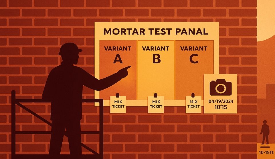 Stylized on-wall mortar test panel (Variants A–C) being reviewed from a scaffold; mix tickets and ti