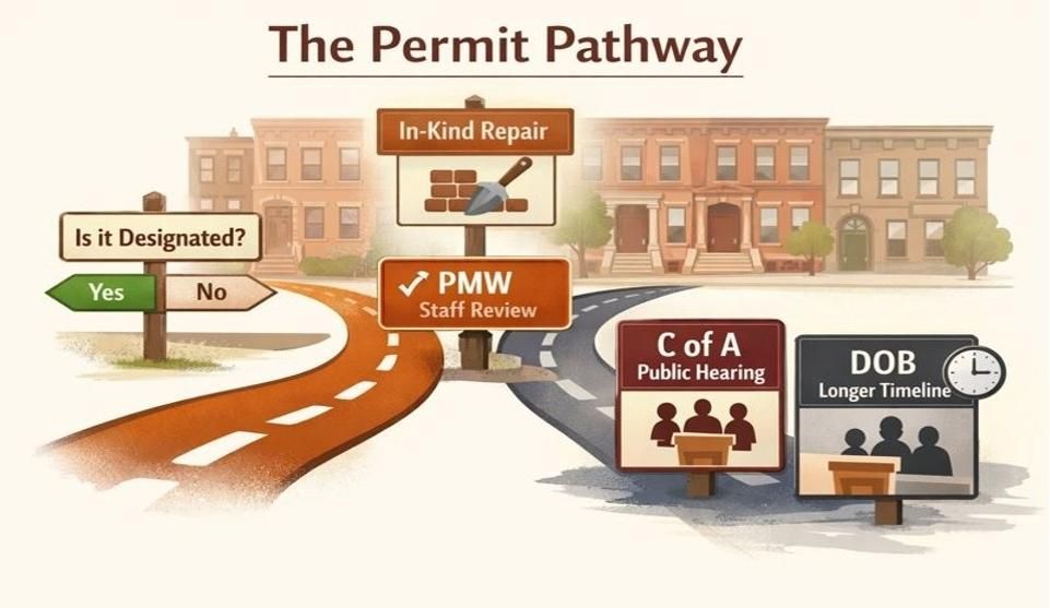 Infographic decision lane showing a map pin, two yes/no questions, arrows to PMW, C of A, or CNE pat